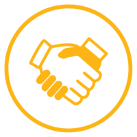 Icon with a thin orange outline features a stylized image of two hands clasped in a handshake. The icon is set against a white background, symbolizing collaboration and partnership.