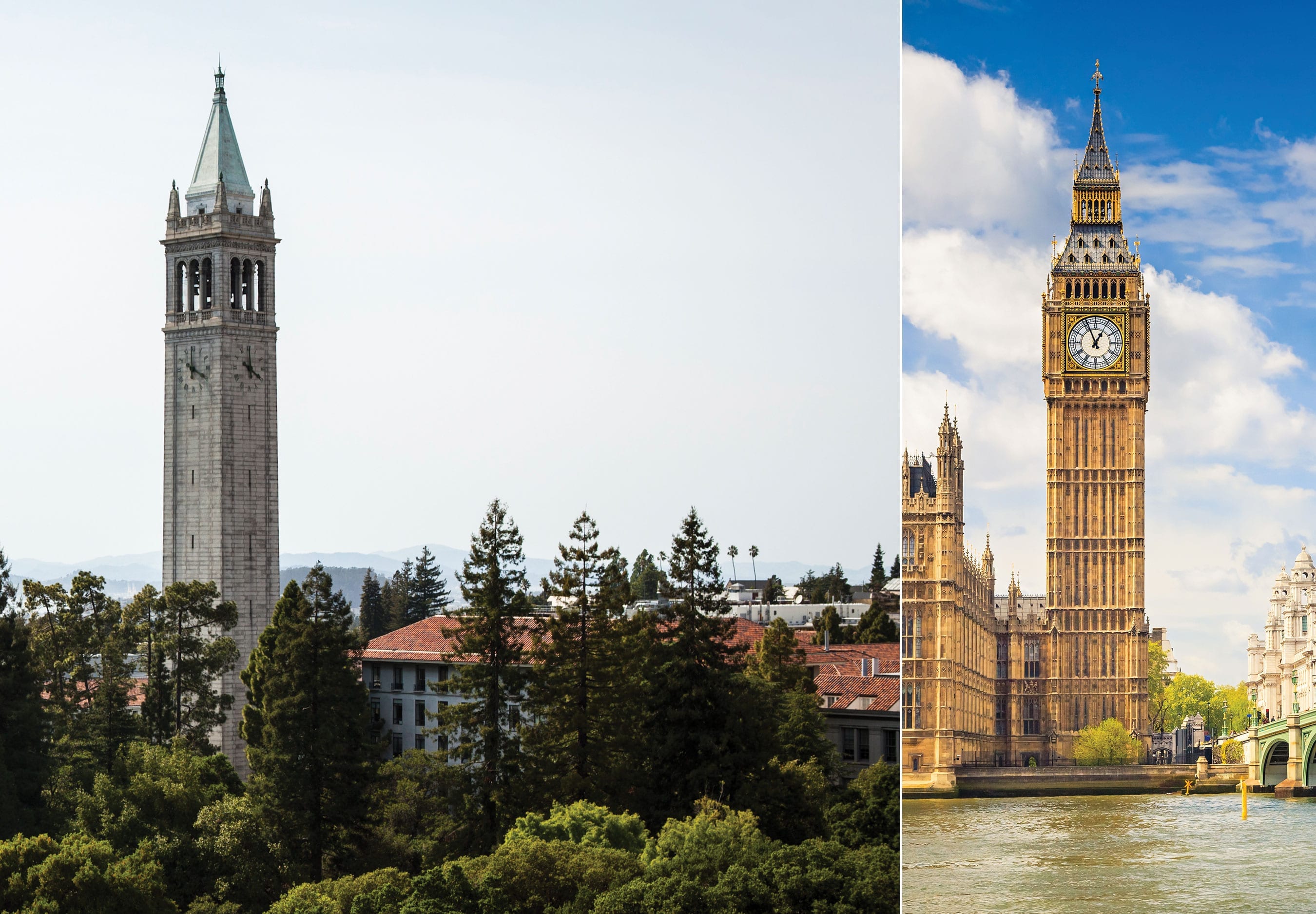Photo of Campanile on UC Berkeley Campus next to photo of Big Ben in London.
