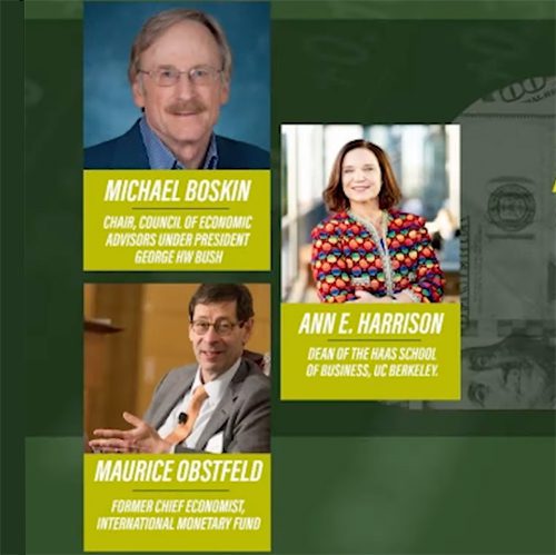 Screenshot showing intro for economic forecast video with headshots of Ann Harrison, Maurice Obstfeld, and Michael Boskin