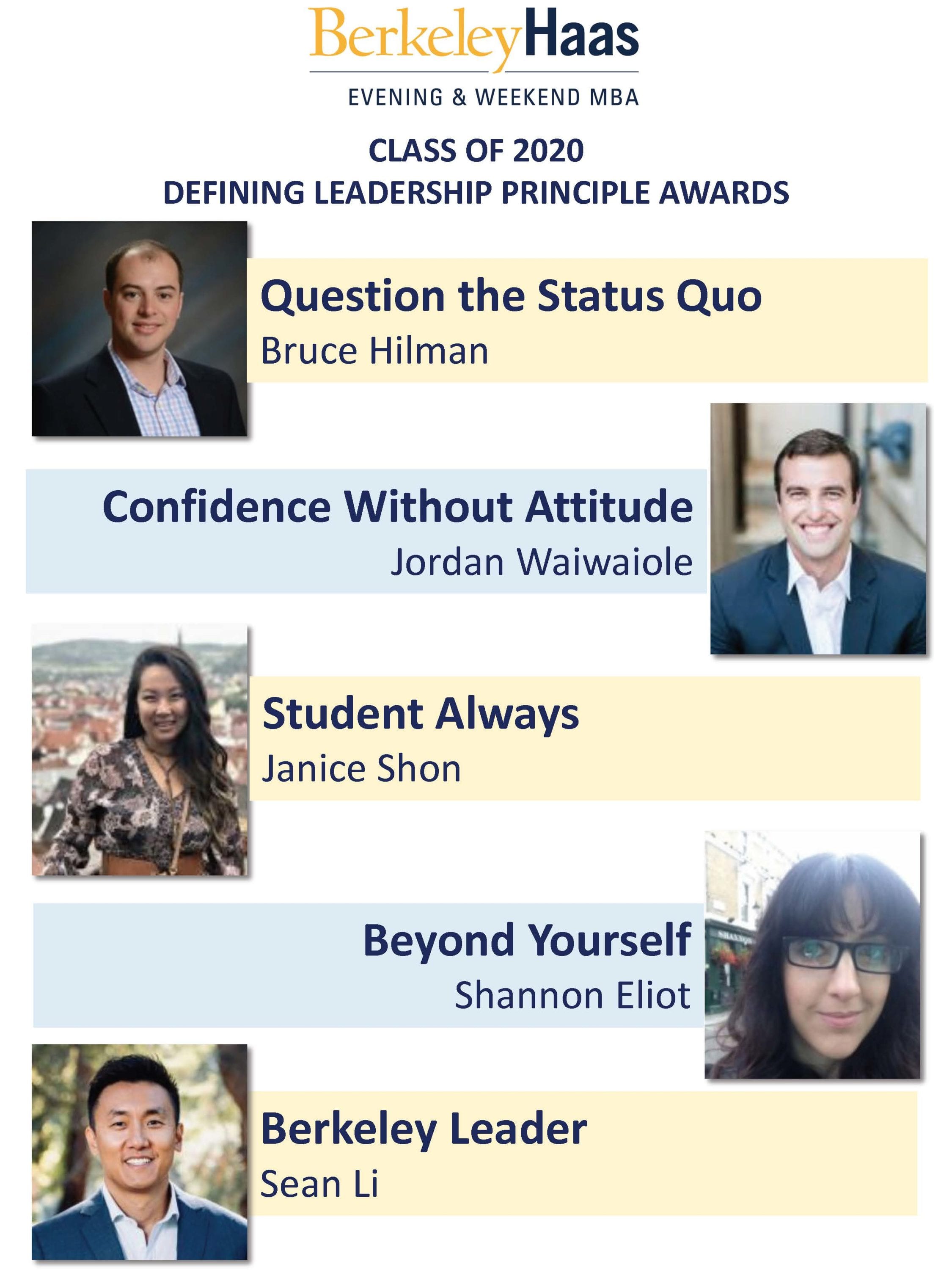 Class of 2020 Defining Leadership Principle Awards: QUESTION THE STATUS QUO: Bruce Hilman; CONFIDENCE WITHOUT ATTITUDE: Jordan Waiwaiole; STUDENT ALWAYS: Janice Shon; BEYOND YOURSELF: Shannon Eliot; BERKELEY LEADER: Sean Li