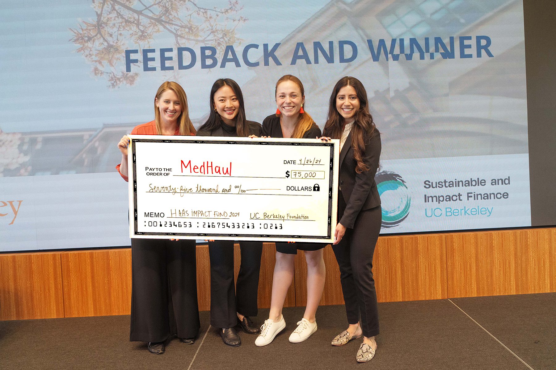 One winning team, pitching on behalf of startup MedHaul, included Lauren Zinser, MBA 24, Amy Cui, MBA 25, Crystal Gaeta, MBA 24, and Rosana Rabines, EWMBA 25.