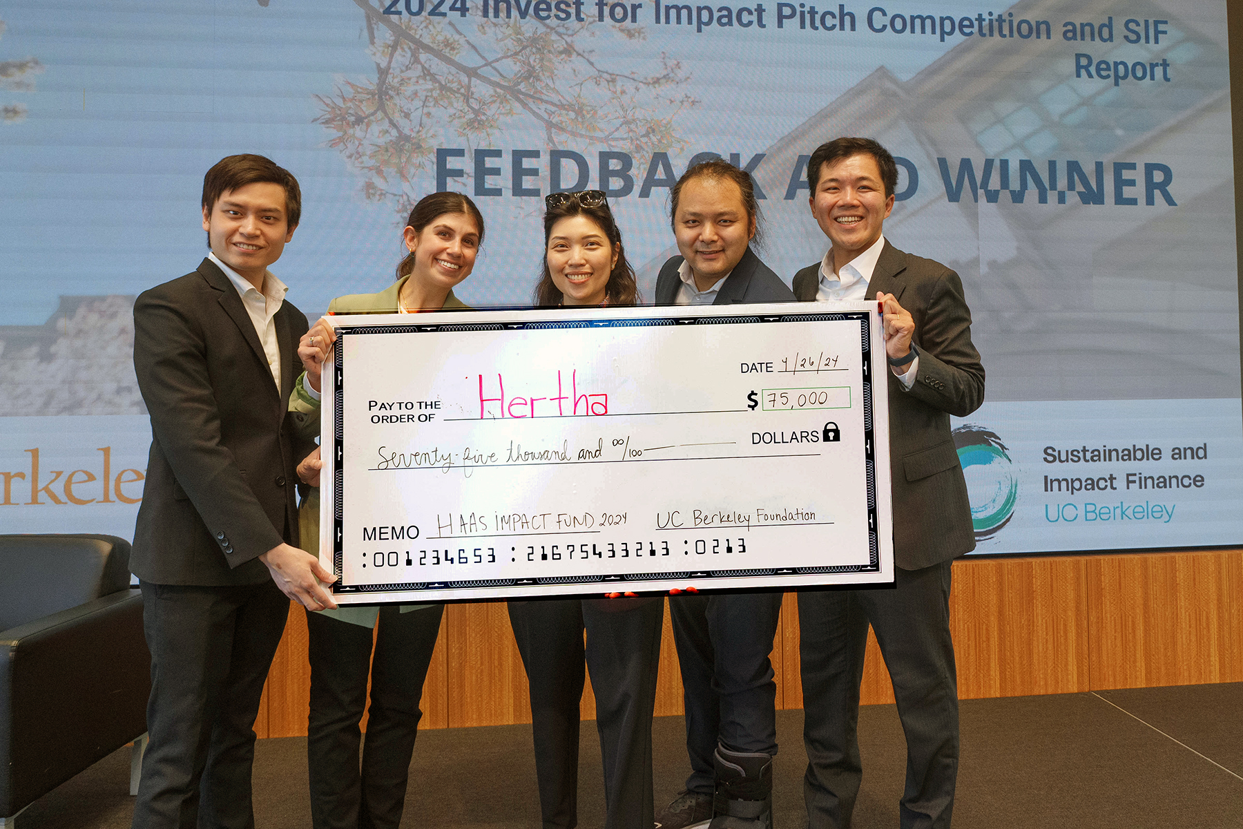 The final winning team, pitching on behalf of startup Hertha Metals, including Korawat Techaphulphol, MBA 24, Hillary Hoffstein, MBA 24, Jeep Kline, Professional Faculty of the Haas Impact Fund Course, Junhua Wei, EWMBA 25, and Tatsuya Toyoda. (Team member not pictured Lucian Sweitzer, EWMBA 24).