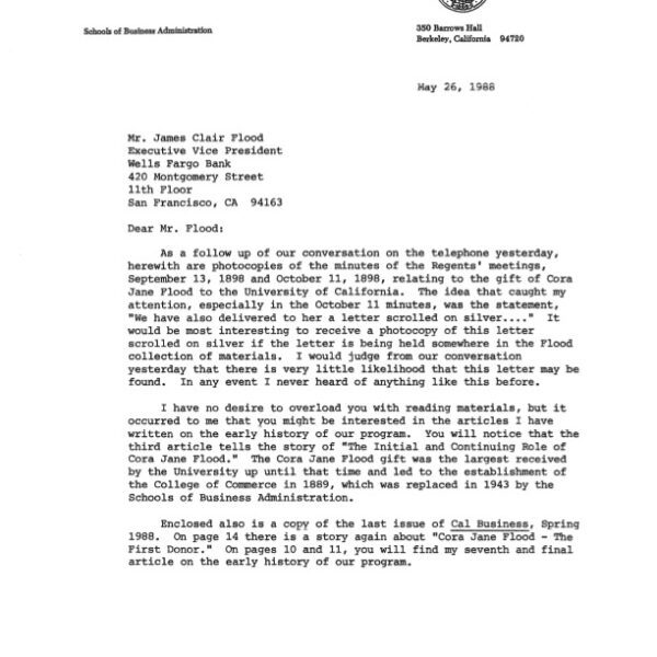 E.W. Grether letter to James Clair Flood, 1988