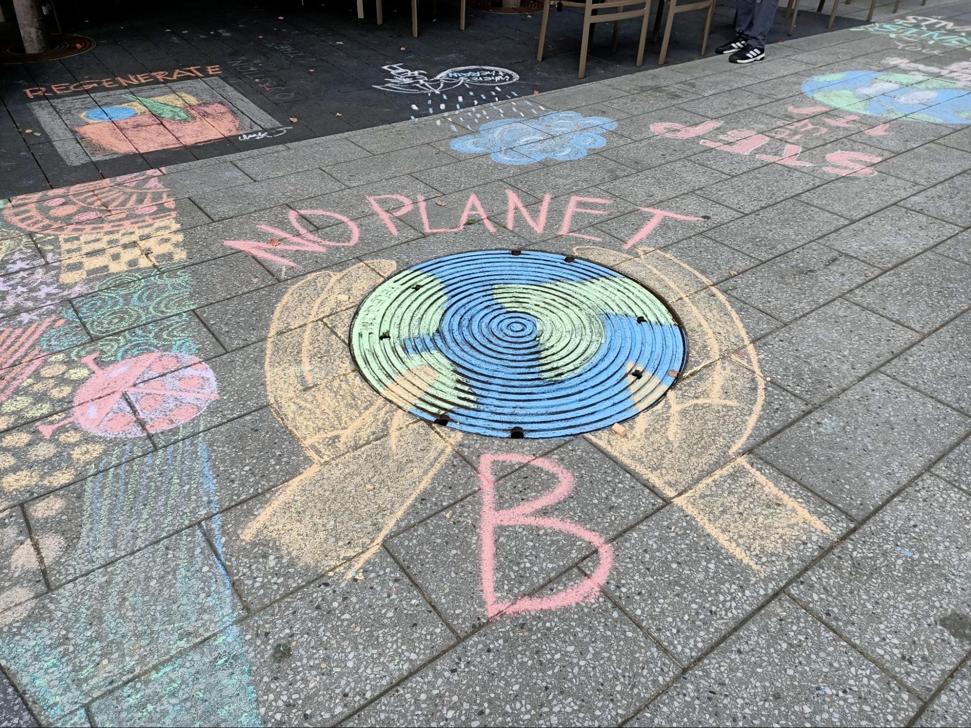 Chalk drawing that says "no planet B"