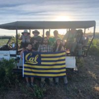 Group of people in a safari vehicle, carrying flag with Cal script logo.
