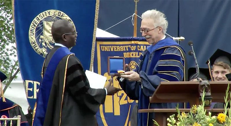 Patrick Awuah receiving the award at UC Berkeley's Commencement 2015, Dr. Awuah thanked the Haas community for its contributions to Ashesi's development.