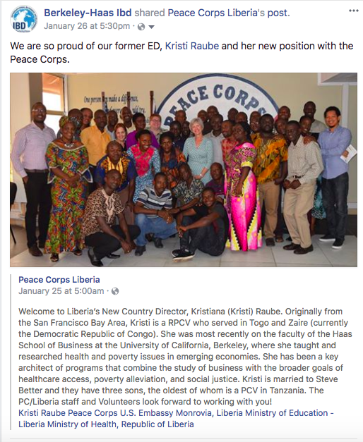 Peace Corps - Liberia Facebook Page post about Kristi Raube