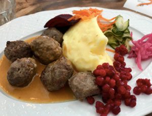 Dinner plate with meatballs, mashed potatoes, berries, and vegetables
